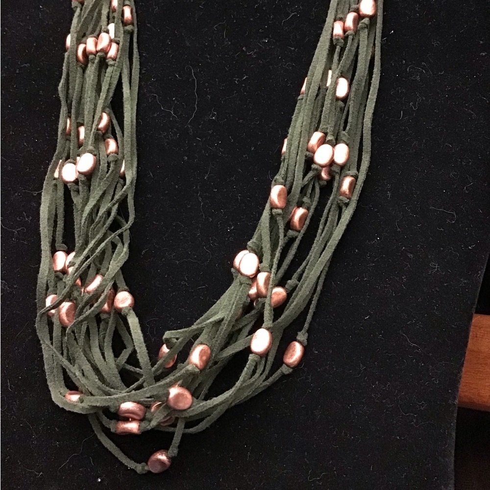 NWOT Beautiful Coldwater Creek Blue Leather and Light Gray bead Necklace